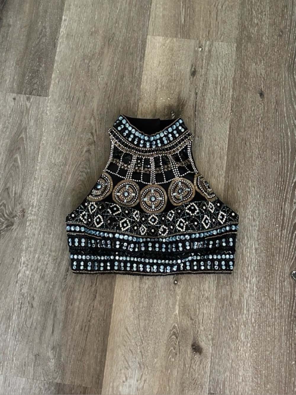 Sherri Hill Black High-Neck Beaded Crop Top with Turquoise & Gold Accents